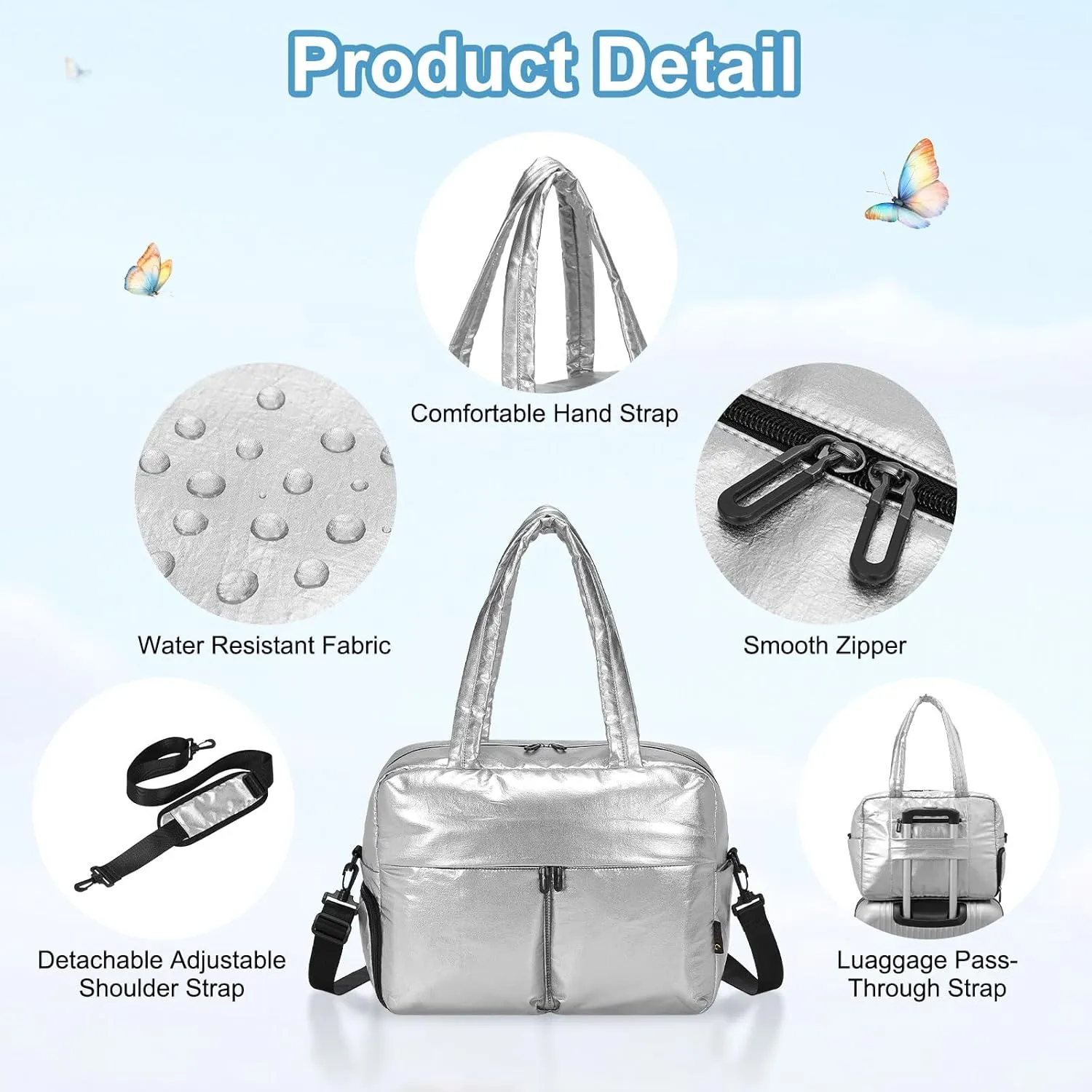 Travel Duffel Bag, 20L Weekend Bag for Women, Gym Bag with Shoes Compartment, Luggage Overnight Carry on Bag with Wet Pocket for Travel Camping, Silver