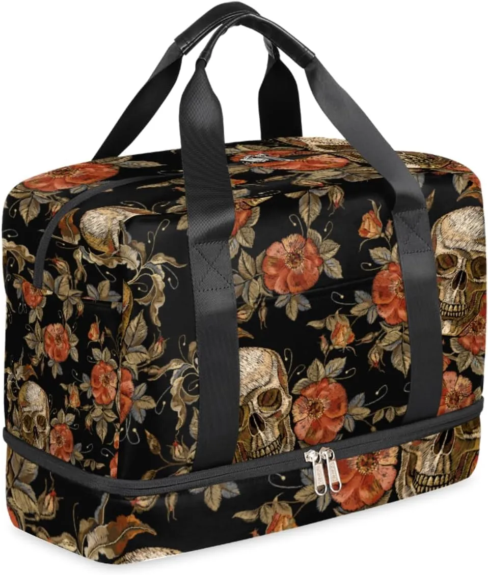 Travel Duffel Bag with Wet Pocket & Shoes Compartment, Sports Tote Gym Bag Carry on Luggage Bag Weekender Overnight Bag Travel Bags for Men Women, 02-Skull