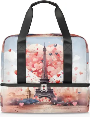Travel Duffel Bags Love Eiffel Tower Sports Gym Bag with Wet Pocket & Shoes Compartment Large Duffel Bags Waterproof Overnight Bag Weekender Bags for Women Men