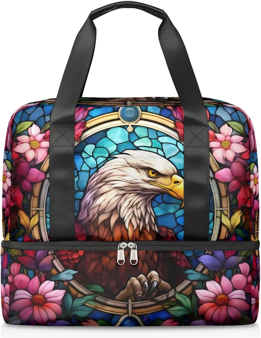 Travel Duffel Bags Retro Flower Eagle Sports Gym Bag with Wet Pocket & Shoes Compartment Large Duffel Bags Waterproof Overnight Bag Weekender Bags for Women Men