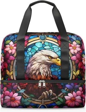Travel Duffel Bags Retro Flower Eagle Sports Gym Bag with Wet Pocket & Shoes Compartment Large Duffel Bags Waterproof Overnight Bag Weekender Bags for Women Men