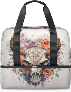 Travel Duffel Bags Skull Sheep Rose Sports Gym Bag with Wet Pocket & Shoes Compartment Large Duffel Bags Waterproof Overnight Bag Weekender Bags for Women Men