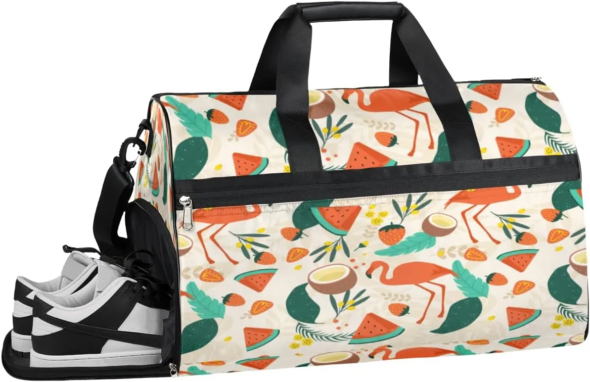 Tropical Flamingo Fruit Sports Gym Bag with Wet Pocket & Shoes Compartment Waterproof Workout Duffel Bag for Women and Men Weekender Overnight Duffle Bag Travel Carry-on Tote