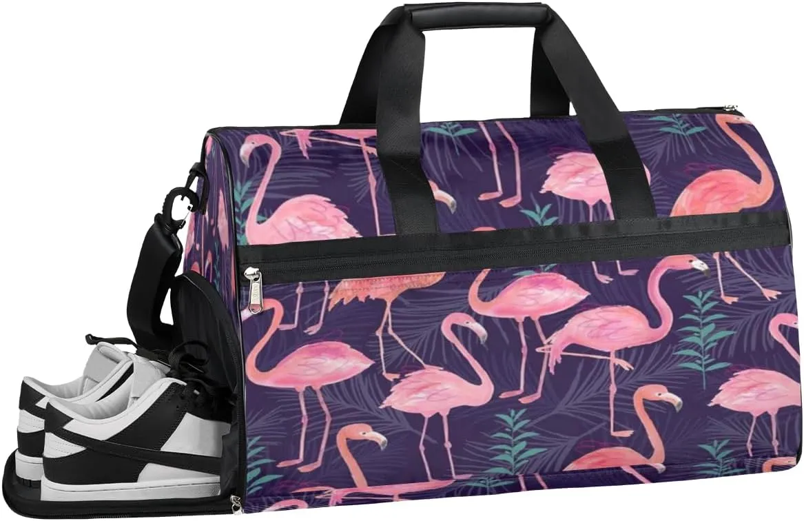Tropical Flamingos Sports Gym Bag with Wet Pocket & Shoes Compartment Waterproof Workout Duffel Bag for Women and Men Weekender Overnight Duffle Bag Travel Carry-on Tote