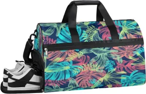 Tropical Palm Leaves Summer Sports Gym Bag with Wet Pocket & Shoes Compartment Waterproof Workout Duffel Bag for Women and Men Weekender Overnight Duffle Bag Travel Carry-on Tote