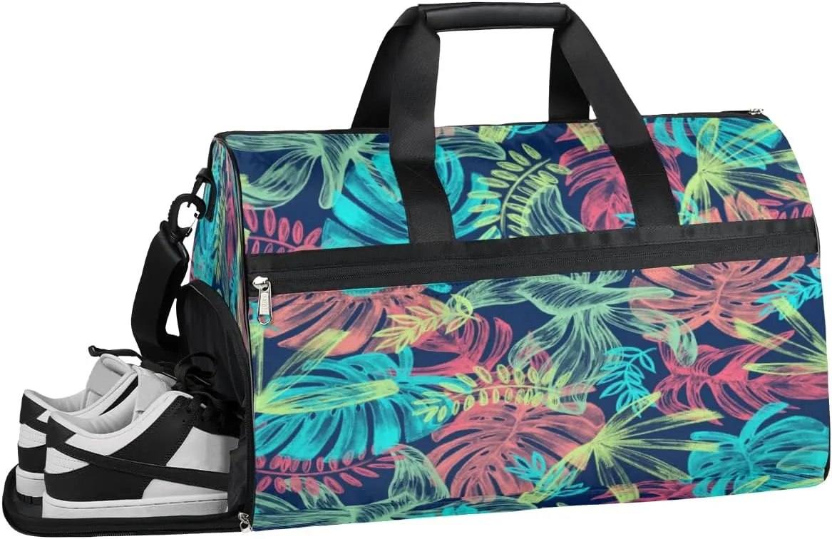 Tropical Palm Leaves Summer Sports Gym Bag with Wet Pocket & Shoes Compartment Waterproof Workout Duffel Bag for Women and Men Weekender Overnight Duffle Bag Travel Carry-on Tote