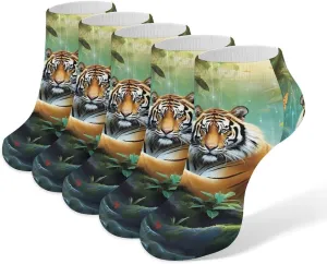 Tropical Rainforest Animal Tiger 5 Pairs Low Cut Ankle Socks for Men Women Athletic Running Socks No Show Breathable