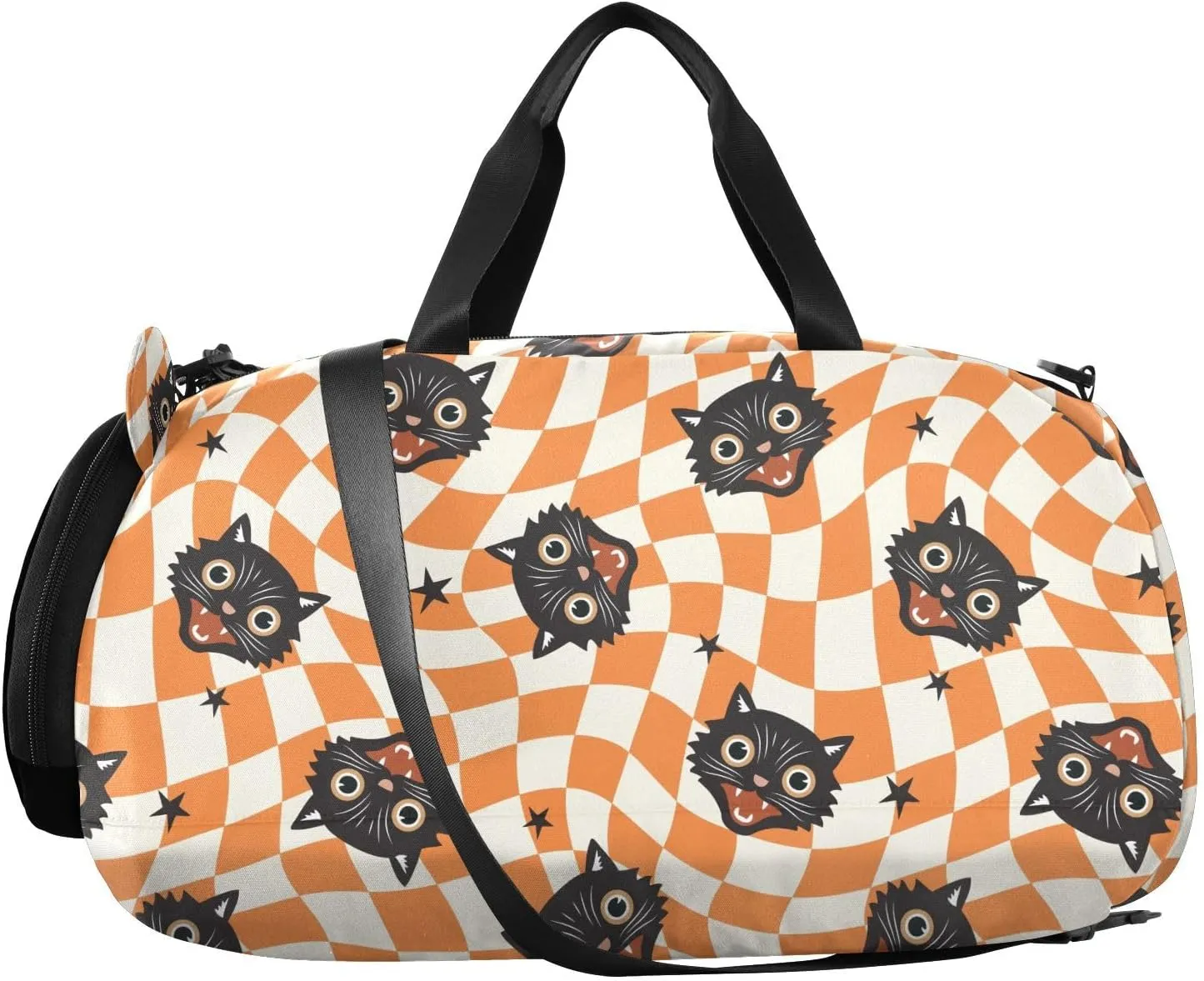VIGTRO Halloween Checked Black Cats Kids Overnight Travel Duffel Bag Sport Gym Bag for Boys Girls with Shoe Compartment, Carry On Weekender Luggage Bag for Dance Swim Yoga