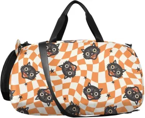 VIGTRO Halloween Checked Black Cats Kids Overnight Travel Duffel Bag Sport Gym Bag for Boys Girls with Shoe Compartment, Carry On Weekender Luggage Bag for Dance Swim Yoga