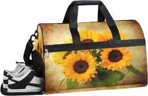 Vintage Sunflower Sports Gym Bag with Wet Pocket & Shoes Compartment Waterproof Workout Duffel Bag for Women and Men Weekender Overnight Duffle Bag Travel Carry-on Tote