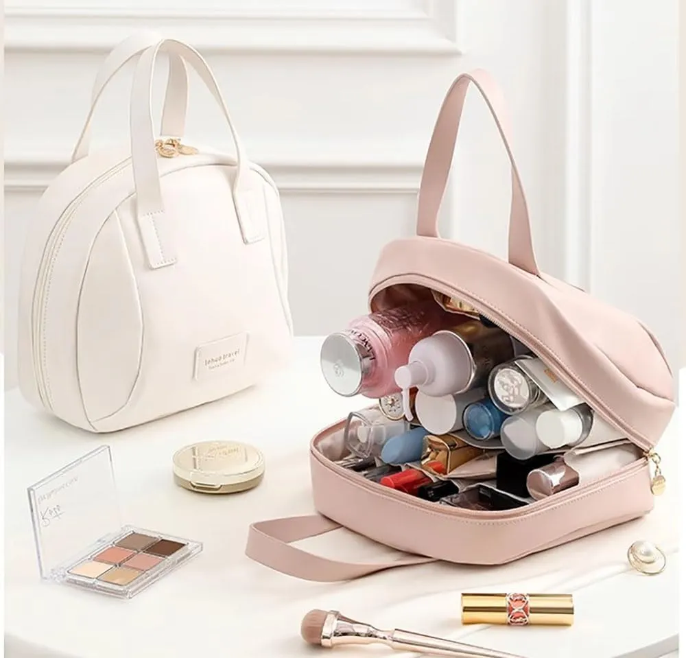 Waterproof PU Leather Cosmetic Bag - Shell-Shaped Multi-Layer Makeup Organizer with Compartments, Daily Use & Travel