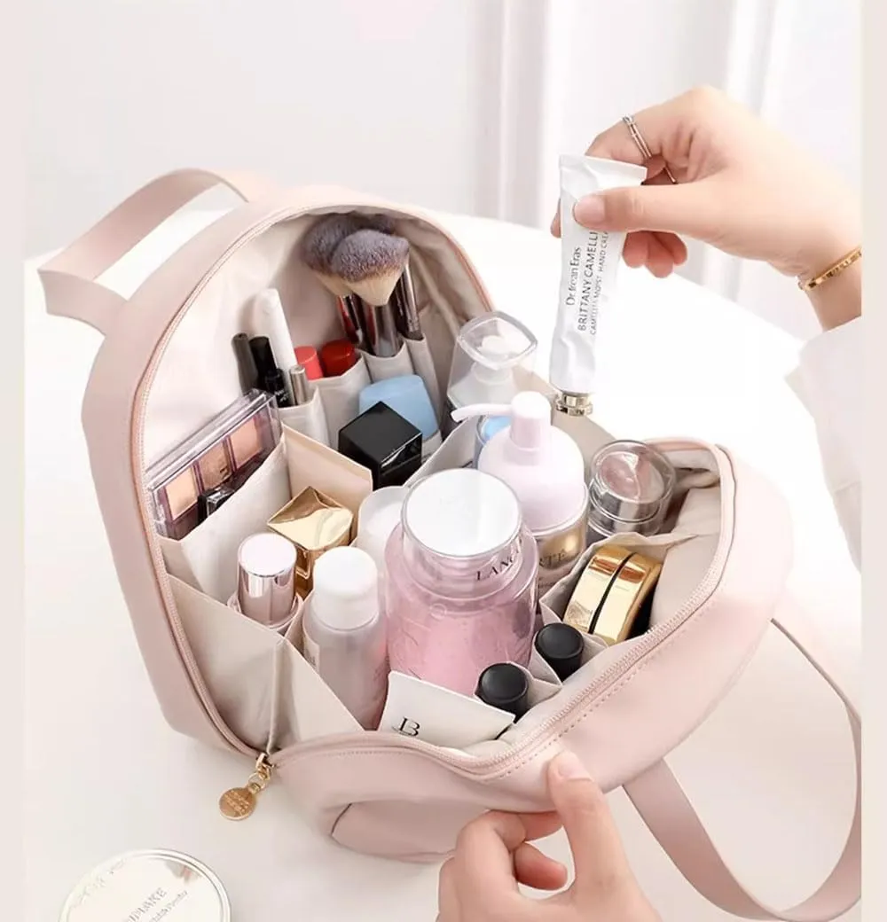Waterproof PU Leather Cosmetic Bag - Shell-Shaped Multi-Layer Makeup Organizer with Compartments, Daily Use & Travel