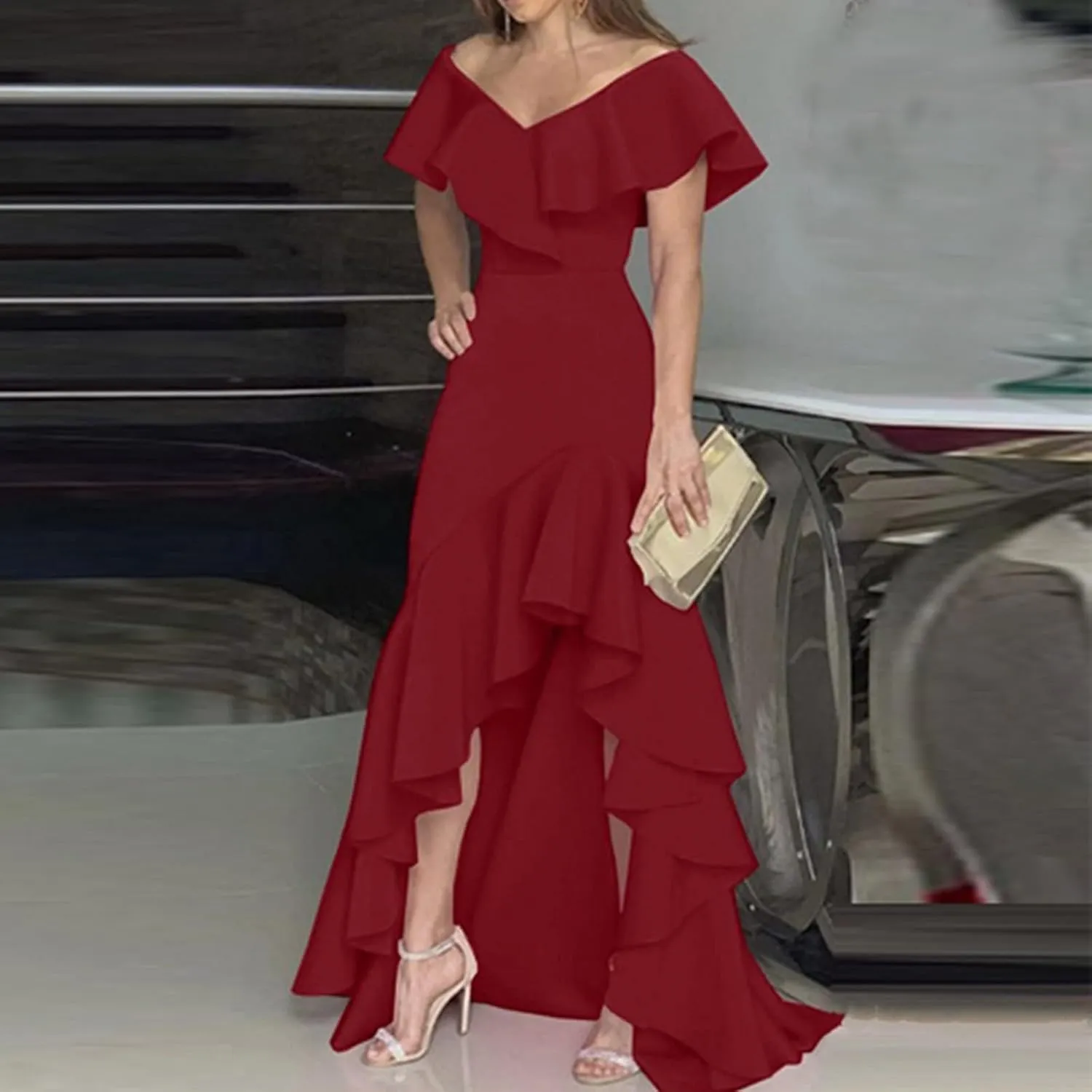 Wedding Guest Dresses for Women 2025 Elegant V Neck Ruffle Cocktail Dress Trendy Irregular Hem Maxi Formal Dress