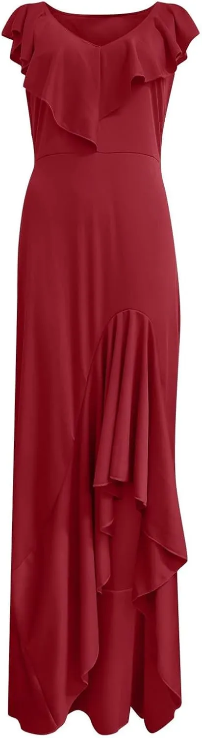 Wedding Guest Dresses for Women 2025 Elegant V Neck Ruffle Cocktail Dress Trendy Irregular Hem Maxi Formal Dress