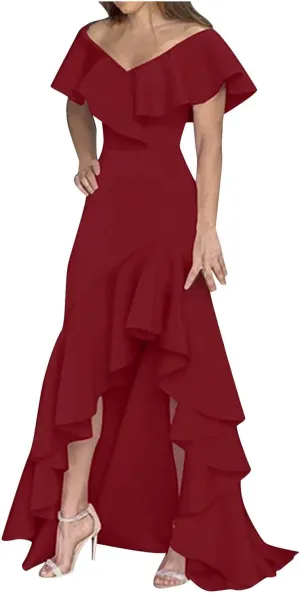 Wedding Guest Dresses for Women 2025 Elegant V Neck Ruffle Cocktail Dress Trendy Irregular Hem Maxi Formal Dress