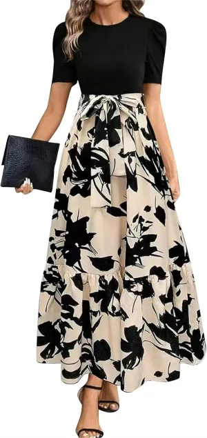 Wedding Guest Dresses for Women Summer Maxi Puff Sleeve Tie Waist Belted A Line Swing Dress Patchwork Frocks