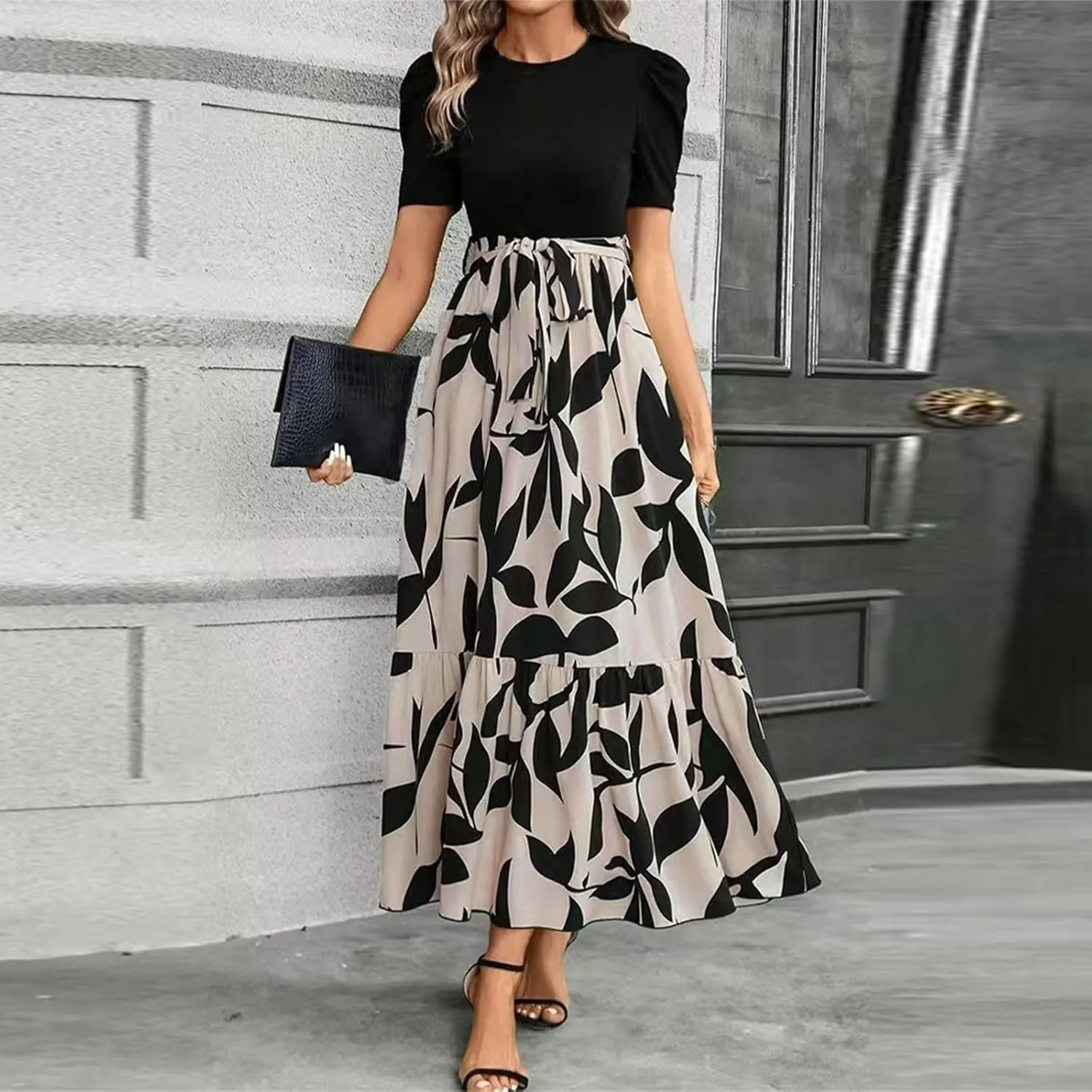 Wedding Guest Dresses for Women Summer Maxi Puff Sleeve Tie Waist Belted A Line Swing Dress Patchwork Frocks