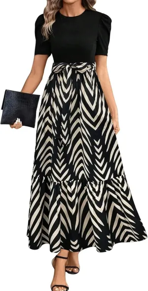 Wedding Guest Dresses for Women Summer Maxi Puff Sleeve Tie Waist Belted A Line Swing Dress Patchwork Frocks