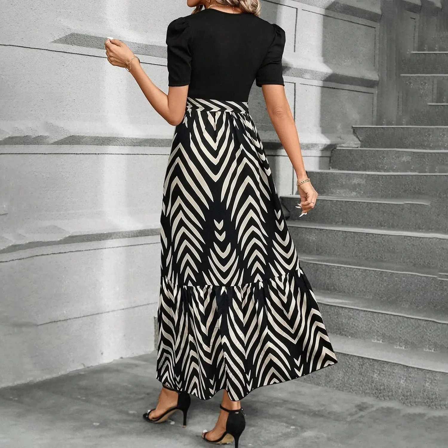 Wedding Guest Dresses for Women Summer Maxi Puff Sleeve Tie Waist Belted A Line Swing Dress Patchwork Frocks