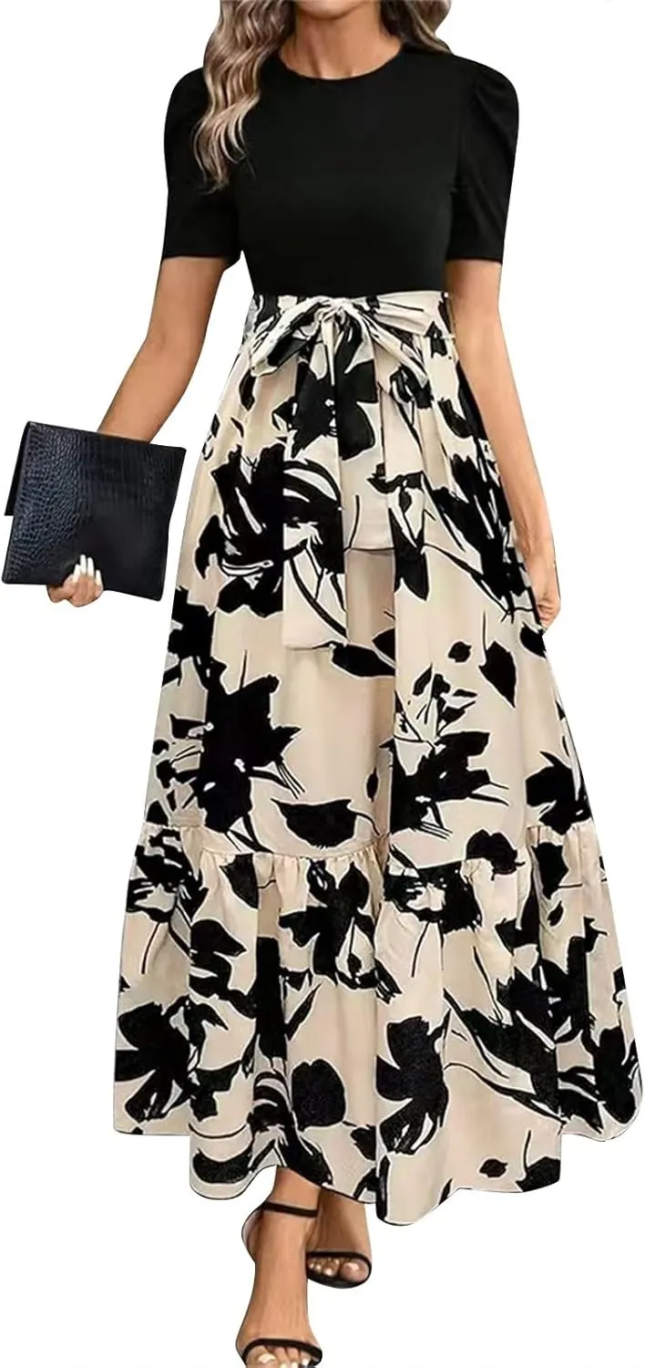 Wedding Guest Dresses for Women Summer Maxi Puff Sleeve Tie Waist Belted A Line Swing Dress Patchwork Frocks