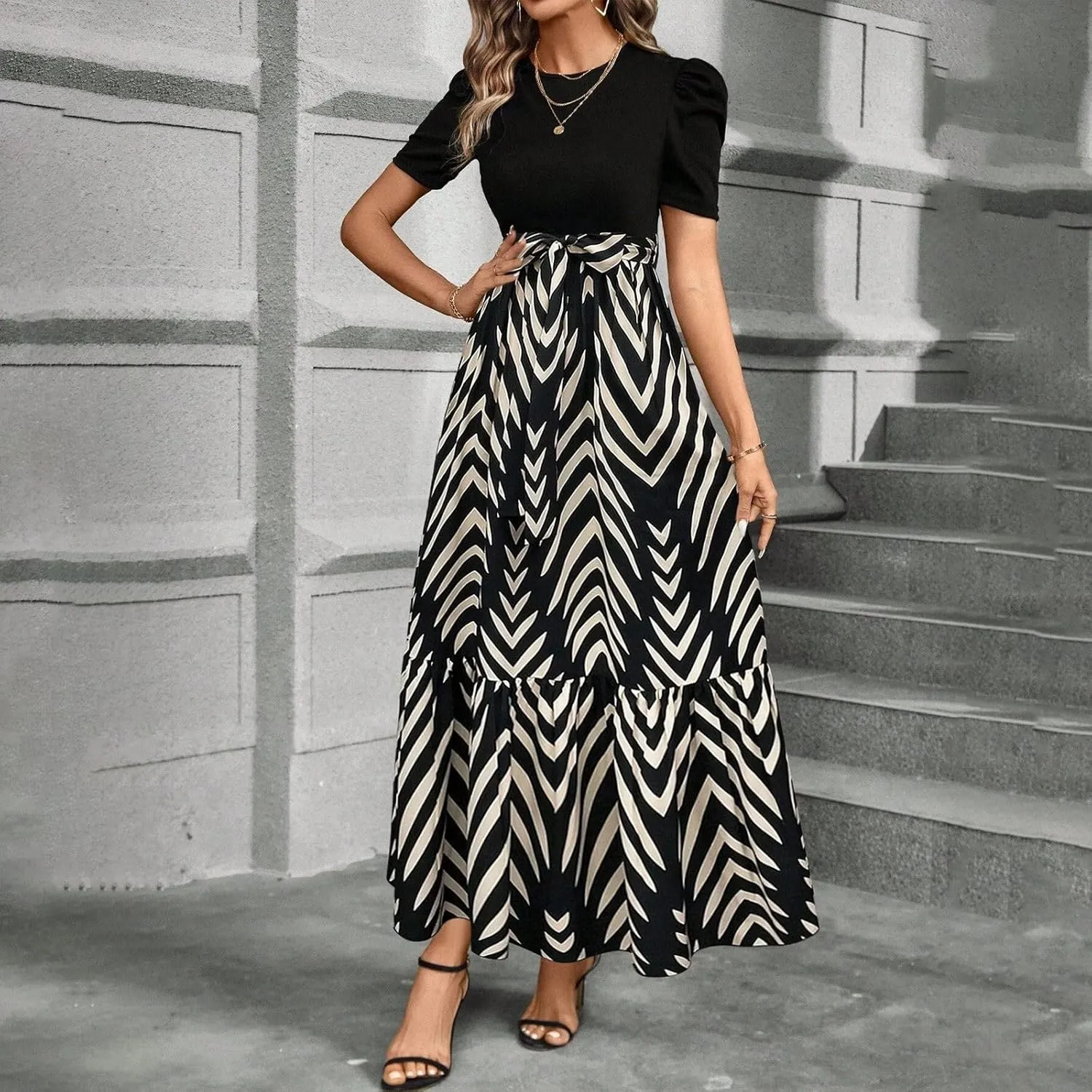 Wedding Guest Dresses for Women Summer Maxi Puff Sleeve Tie Waist Belted A Line Swing Dress Patchwork Frocks