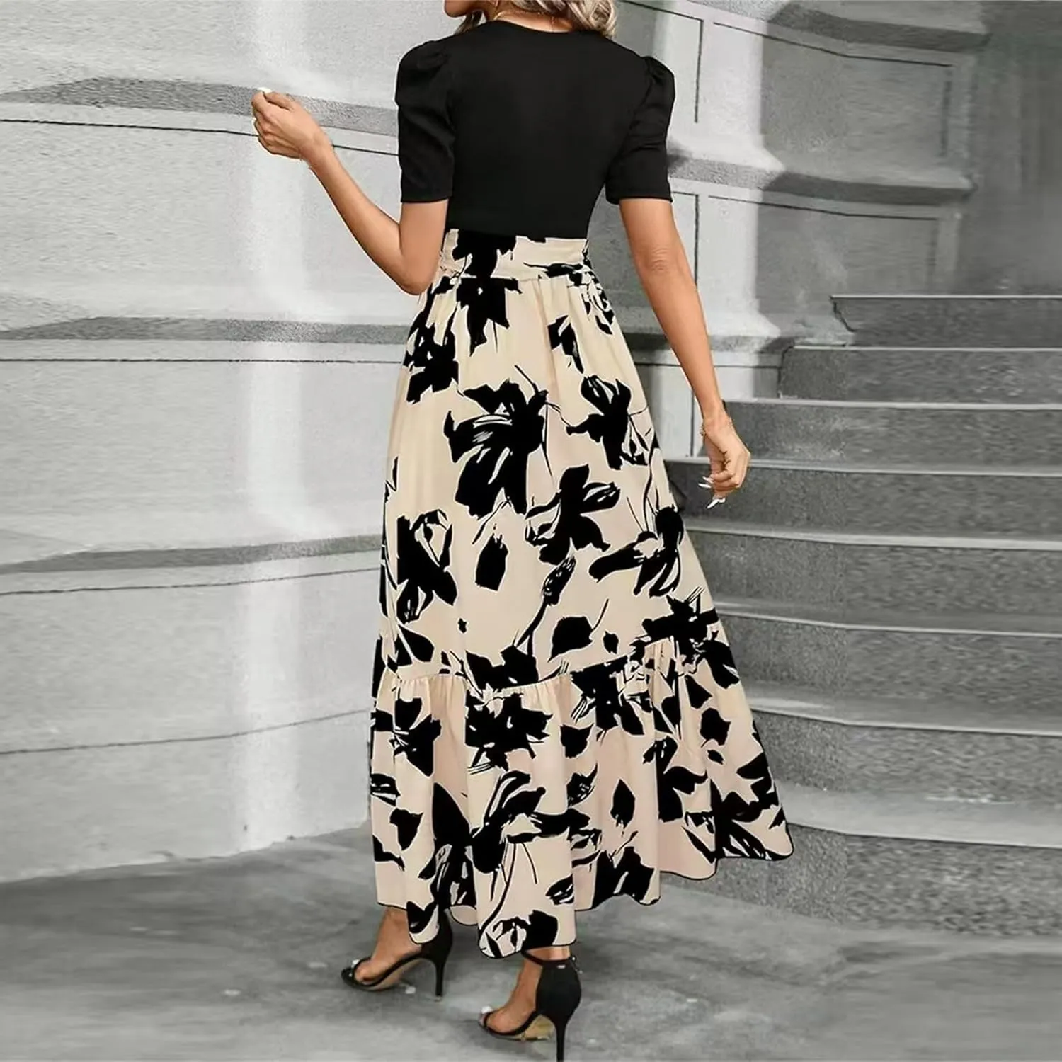 Wedding Guest Dresses for Women Summer Maxi Puff Sleeve Tie Waist Belted A Line Swing Dress Patchwork Frocks
