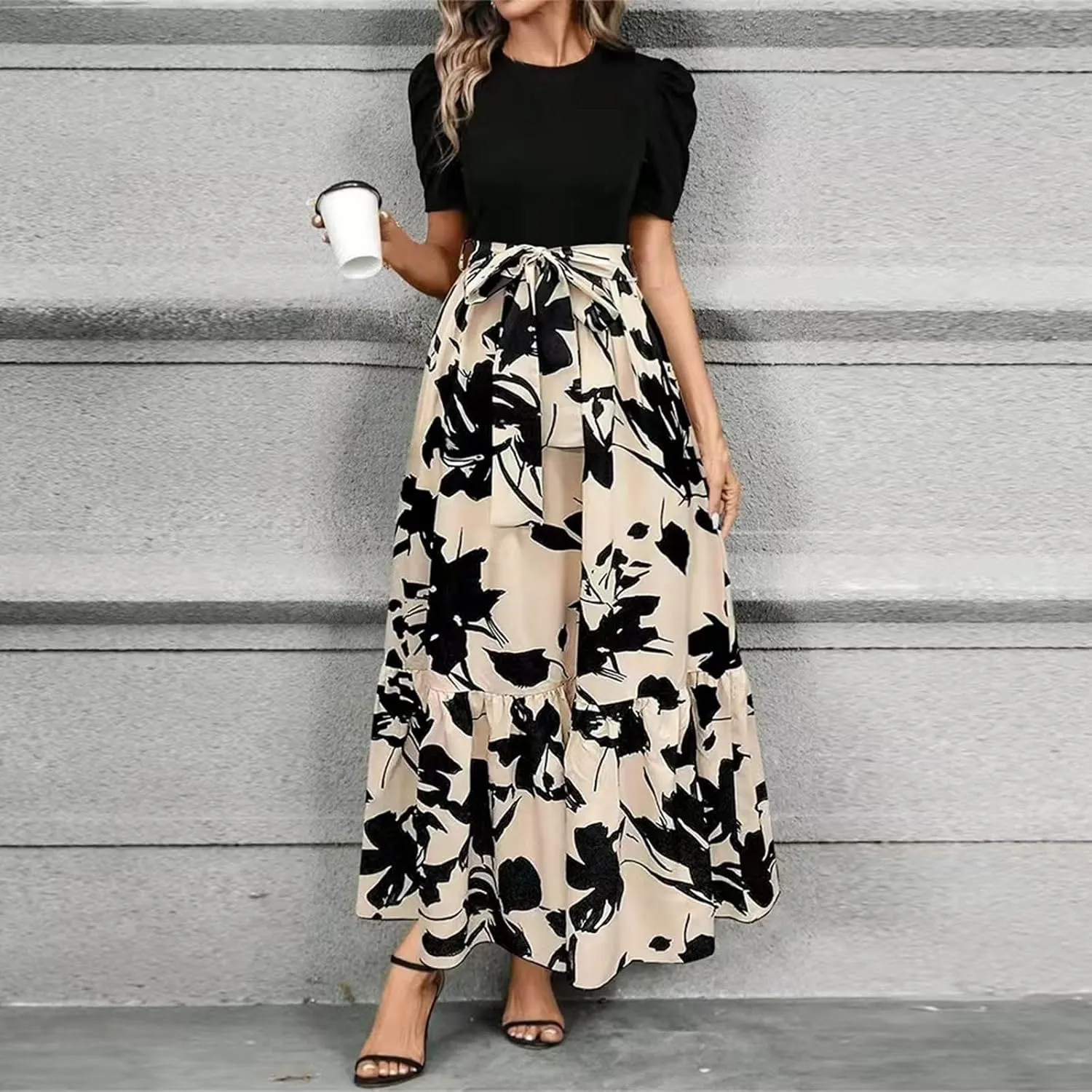 Wedding Guest Dresses for Women Summer Maxi Puff Sleeve Tie Waist Belted A Line Swing Dress Patchwork Frocks