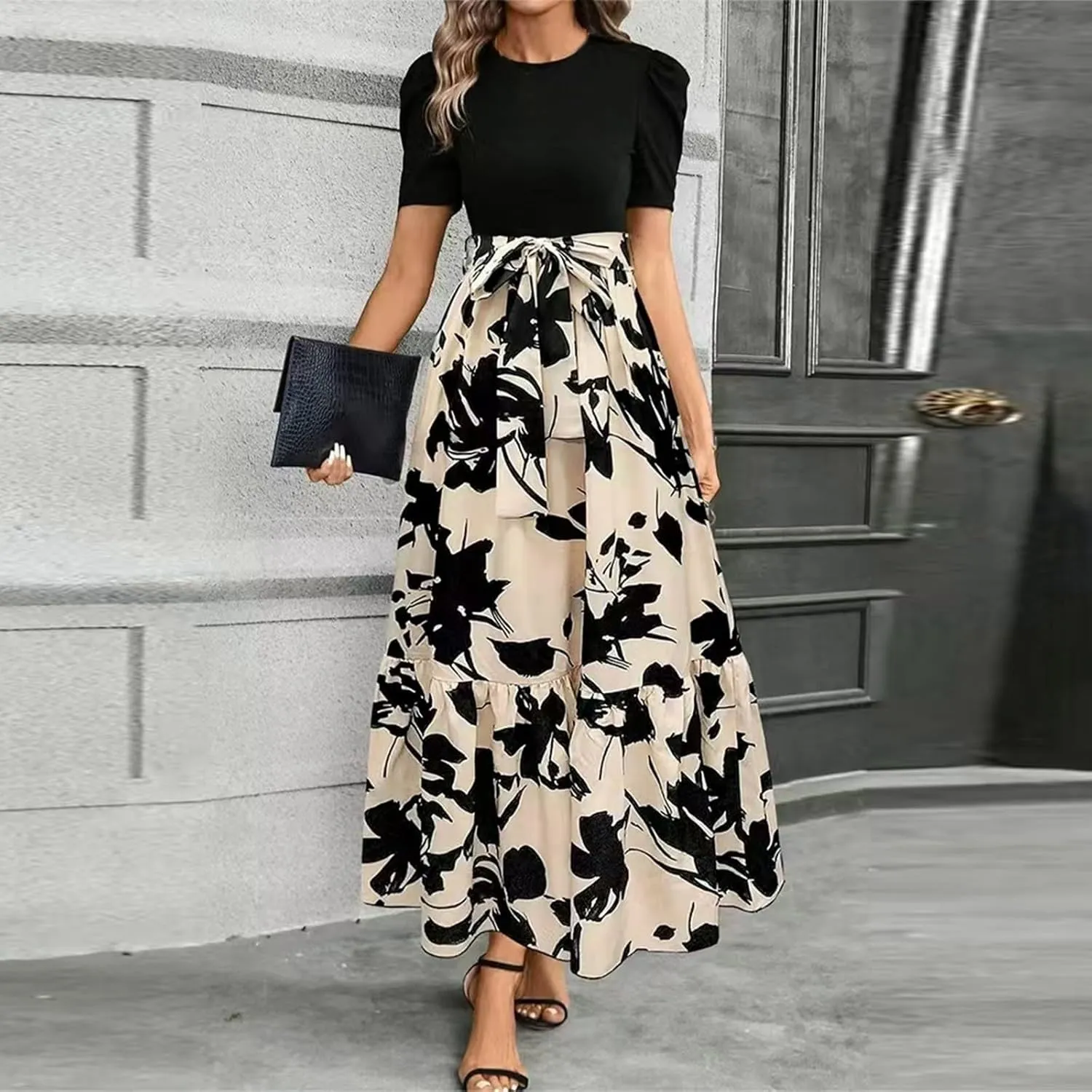Wedding Guest Dresses for Women Summer Maxi Puff Sleeve Tie Waist Belted A Line Swing Dress Patchwork Frocks