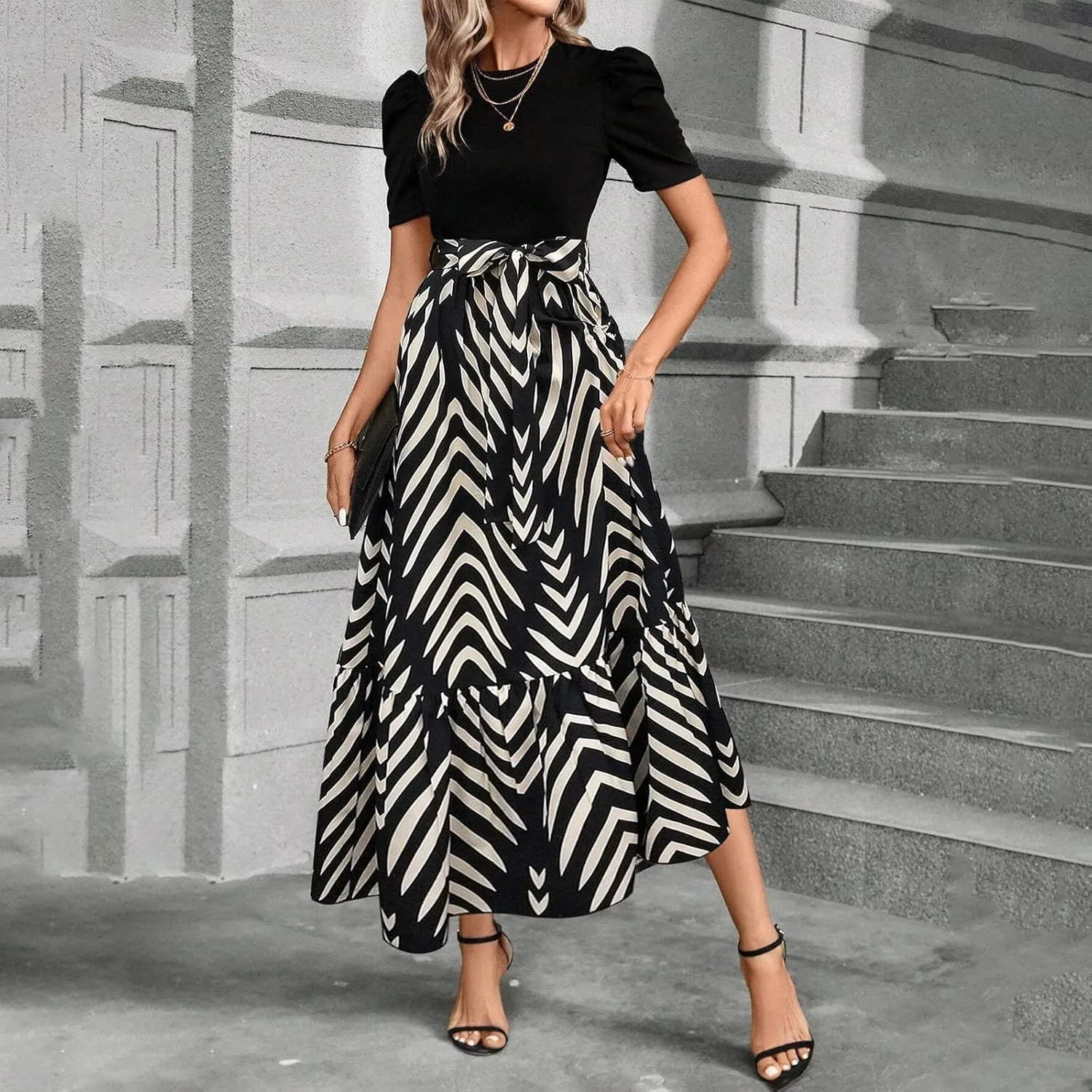 Wedding Guest Dresses for Women Summer Maxi Puff Sleeve Tie Waist Belted A Line Swing Dress Patchwork Frocks