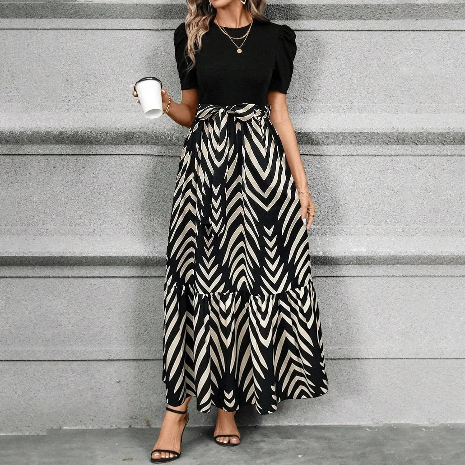 Wedding Guest Dresses for Women Summer Maxi Puff Sleeve Tie Waist Belted A Line Swing Dress Patchwork Frocks