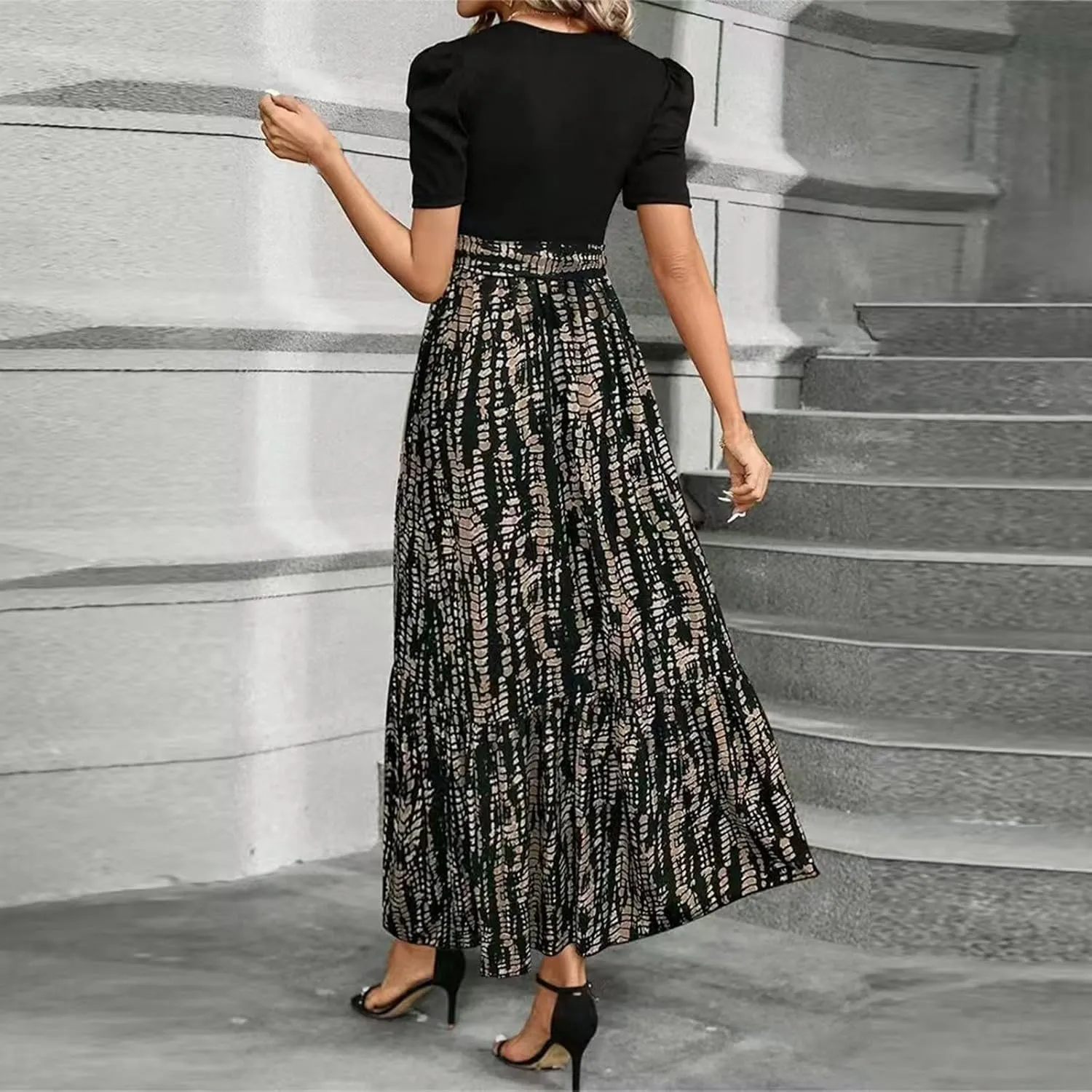 Wedding Guest Dresses for Women Summer Maxi Puff Sleeve Tie Waist Belted Patchwork Frocks A Line Swing Dress
