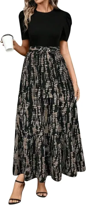 Wedding Guest Dresses for Women Summer Maxi Puff Sleeve Tie Waist Belted Patchwork Frocks A Line Swing Dress