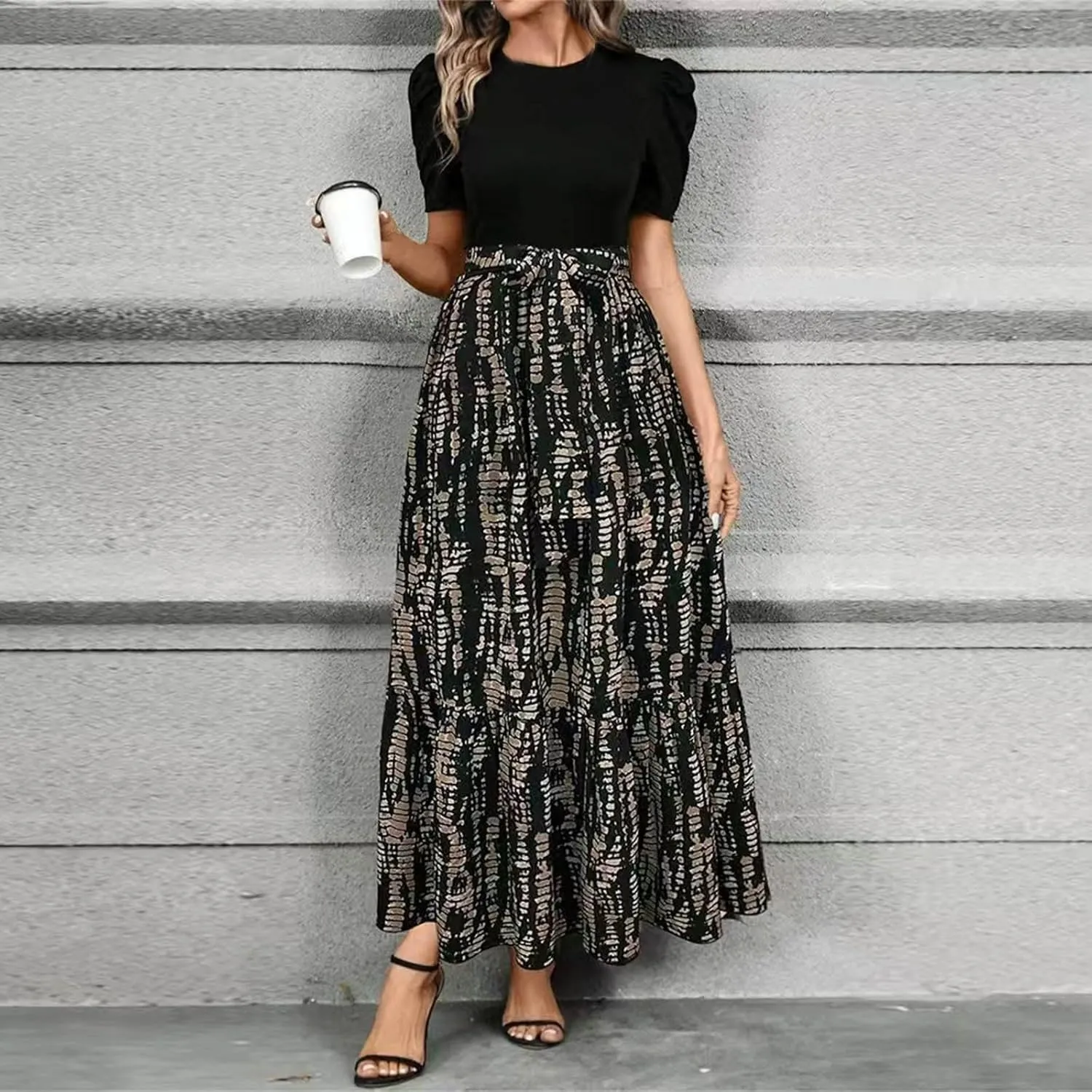 Wedding Guest Dresses for Women Summer Maxi Puff Sleeve Tie Waist Belted Patchwork Frocks A Line Swing Dress