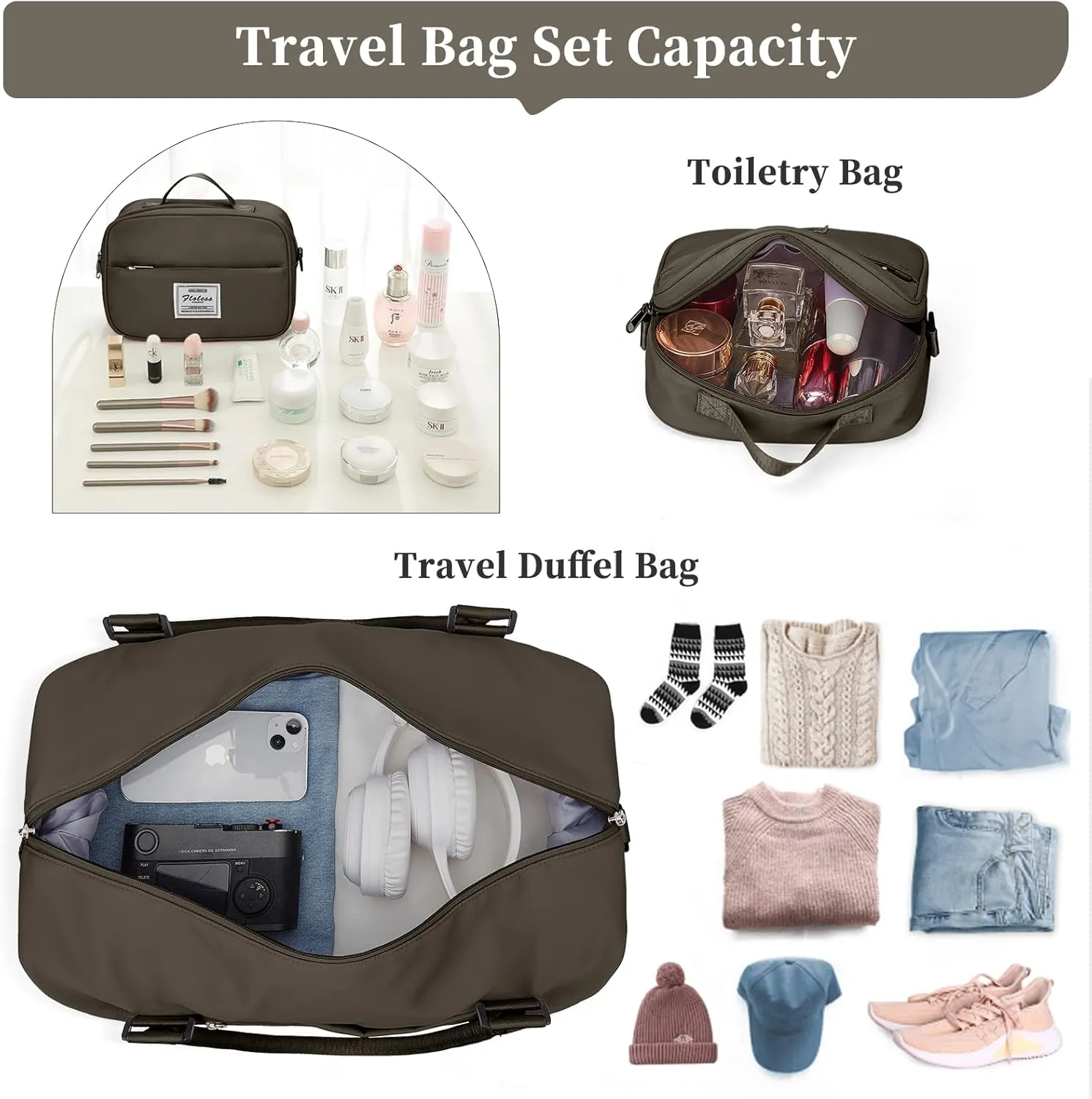 Weekender Bags for Women,Personal Item Travel Bag with Shoes Compartment,Overnight Travel Duffel Bag with Toiletry Bag, Coffee Brown, Large, Set(travel Bag toiletry Bag)