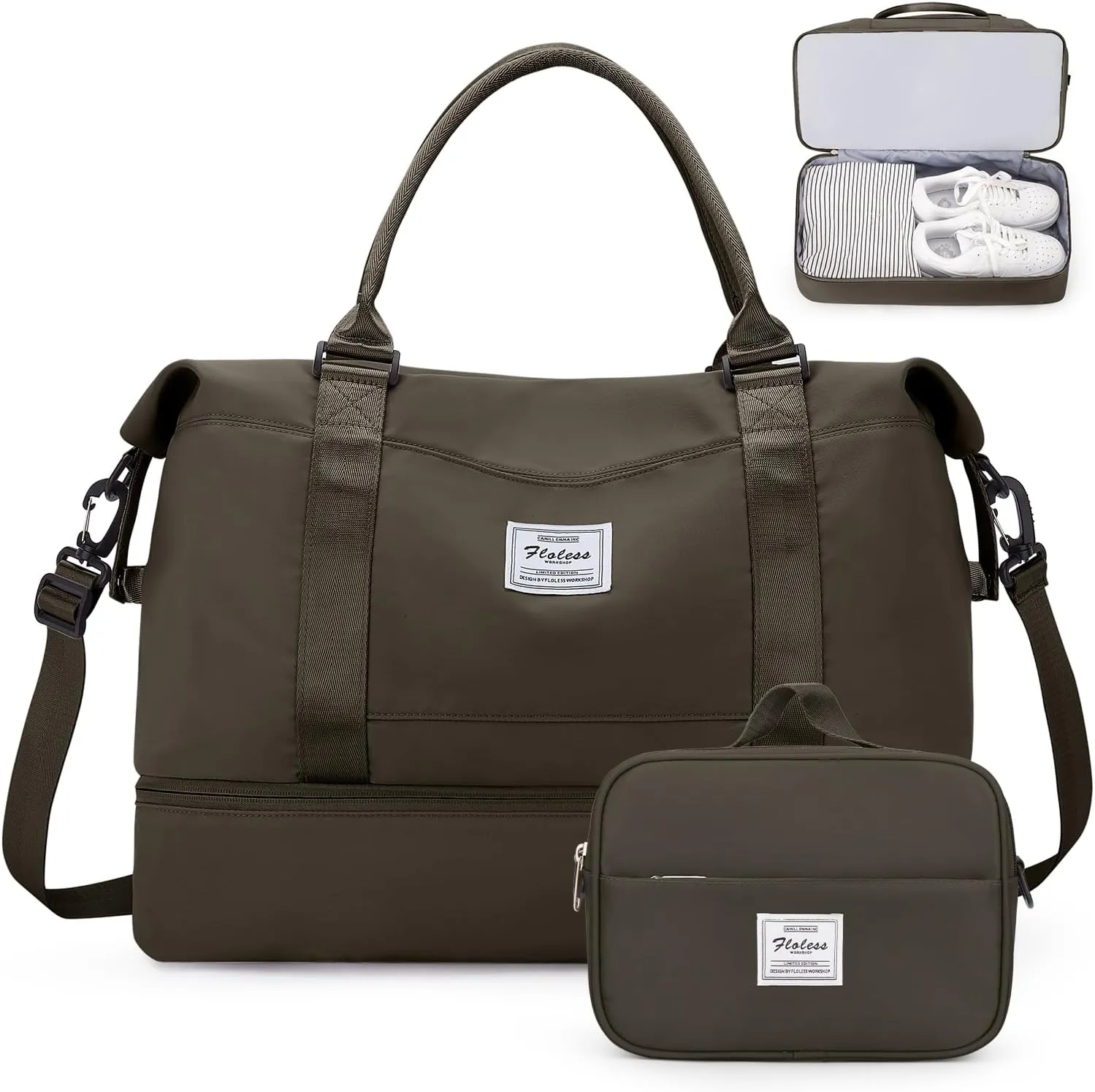 Weekender Bags for Women,Personal Item Travel Bag with Shoes Compartment,Overnight Travel Duffel Bag with Toiletry Bag, Coffee Brown, Large, Set(travel Bag toiletry Bag)