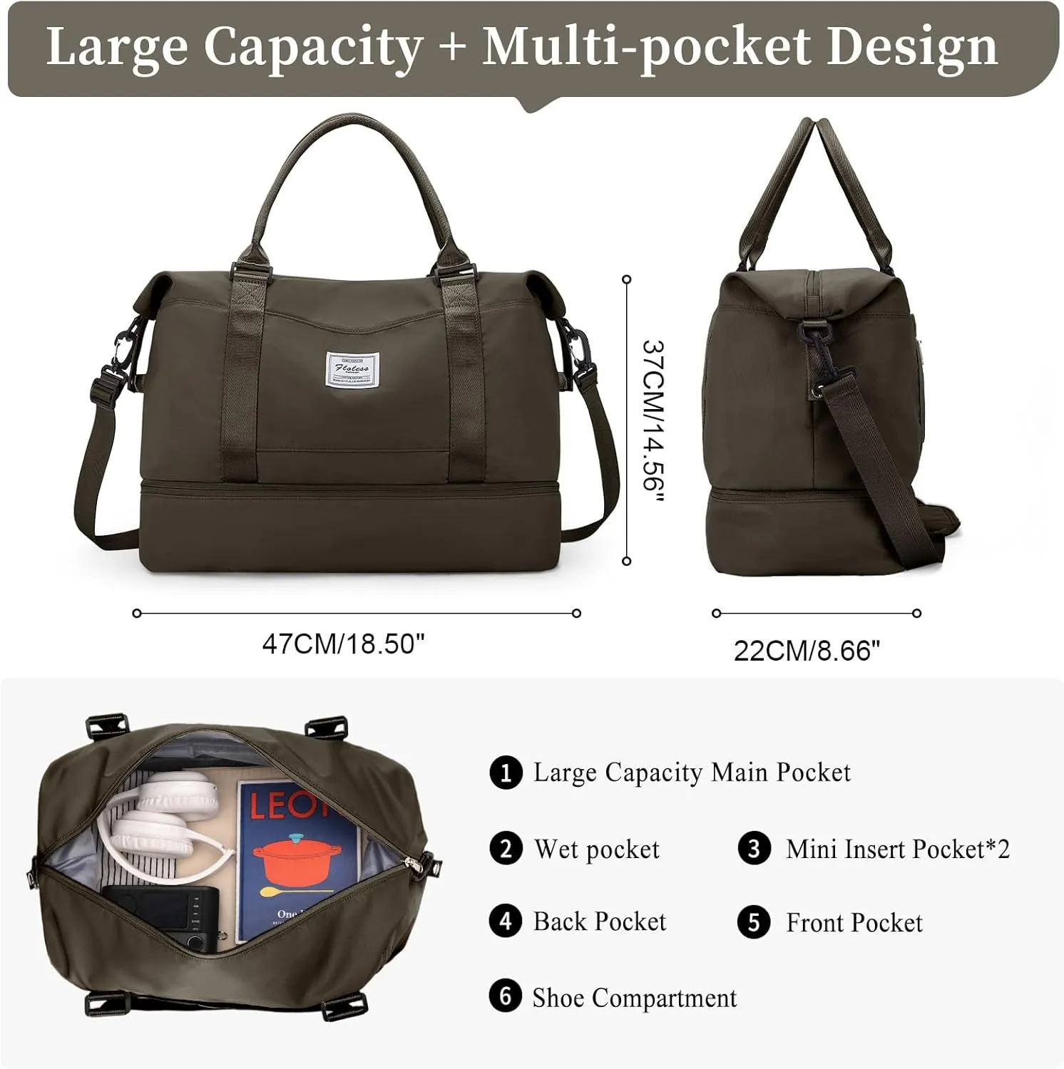Weekender Bags for Women,Personal Item Travel Bag with Shoes Compartment,Overnight Travel Duffel Bag with Toiletry Bag, Coffee Brown, Large, Set(travel Bag toiletry Bag)