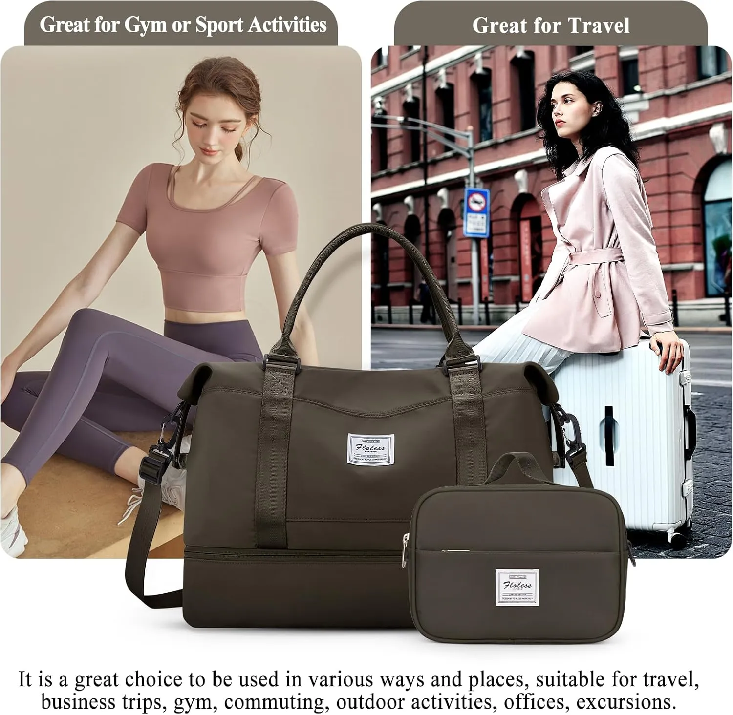 Weekender Bags for Women,Personal Item Travel Bag with Shoes Compartment,Overnight Travel Duffel Bag with Toiletry Bag, Coffee Brown, Large, Set(travel Bag toiletry Bag)