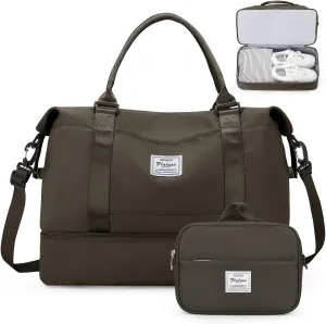 Weekender Bags for Women,Personal Item Travel Bag with Shoes Compartment,Overnight Travel Duffel Bag with Toiletry Bag, Coffee Brown, Large, Set(travel Bag toiletry Bag)
