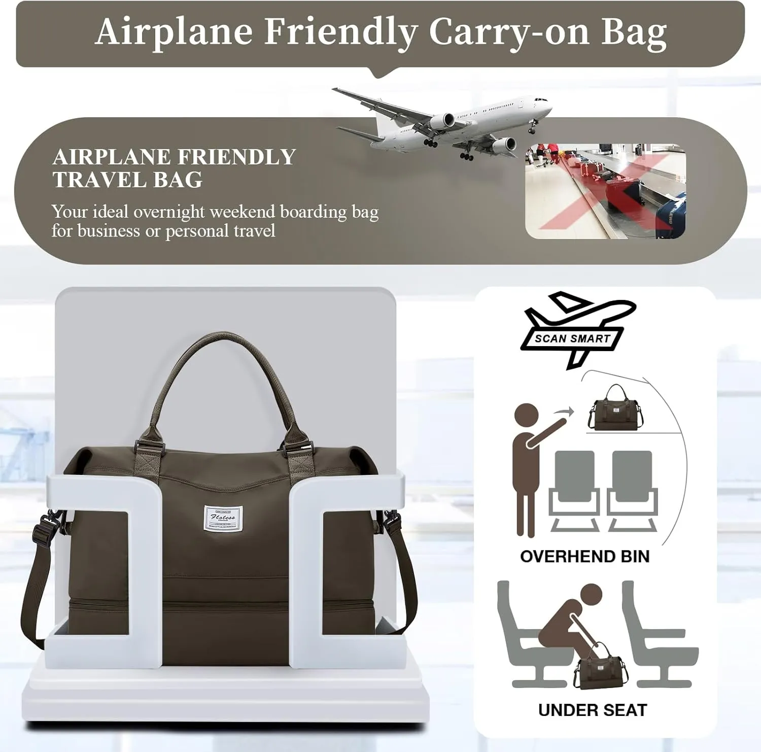 Weekender Bags for Women,Personal Item Travel Bag with Shoes Compartment,Overnight Travel Duffel Bag with Toiletry Bag, Coffee Brown, Large, Set(travel Bag toiletry Bag)