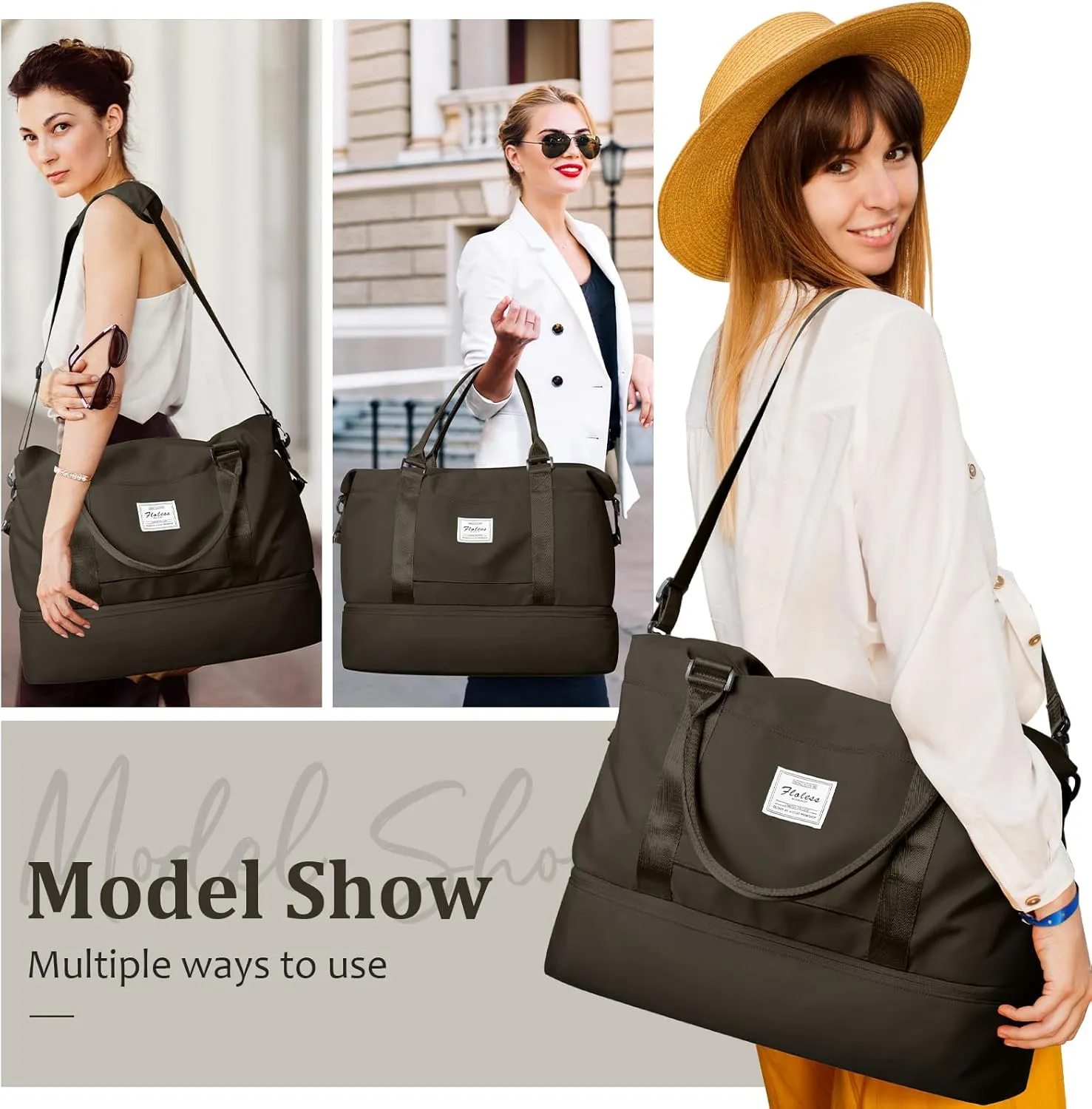 Weekender Bags for Women,Personal Item Travel Bag with Shoes Compartment,Overnight Travel Duffel Bag with Toiletry Bag, Coffee Brown, Large, Set(travel Bag toiletry Bag)