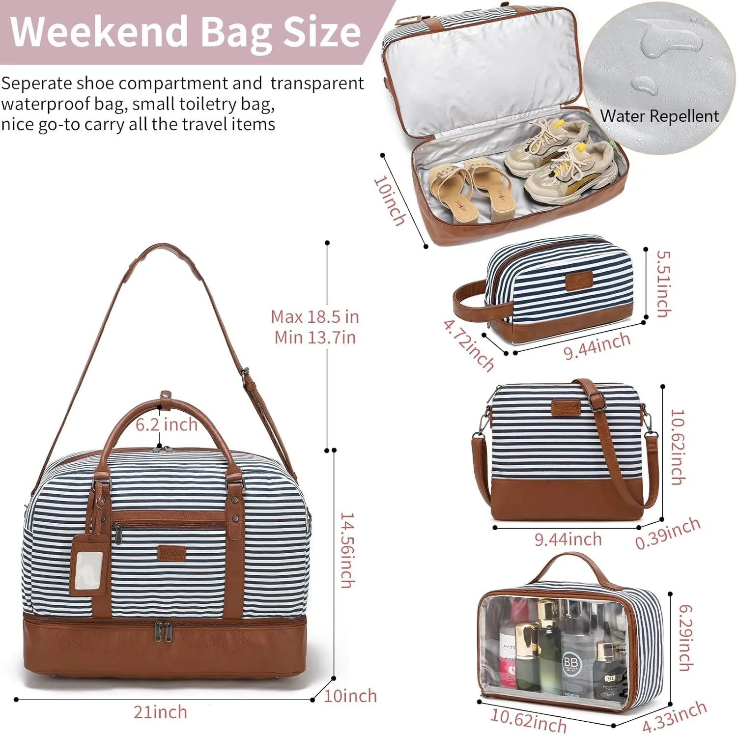 Wogarl Weekender Bags for Women Large Canvas Overnight Bag Travel Duffel Bags Carry on Shoulder Weekend Bag with Shoe Compartment for Travel Night Flight Daily Use, Blue White Stripe