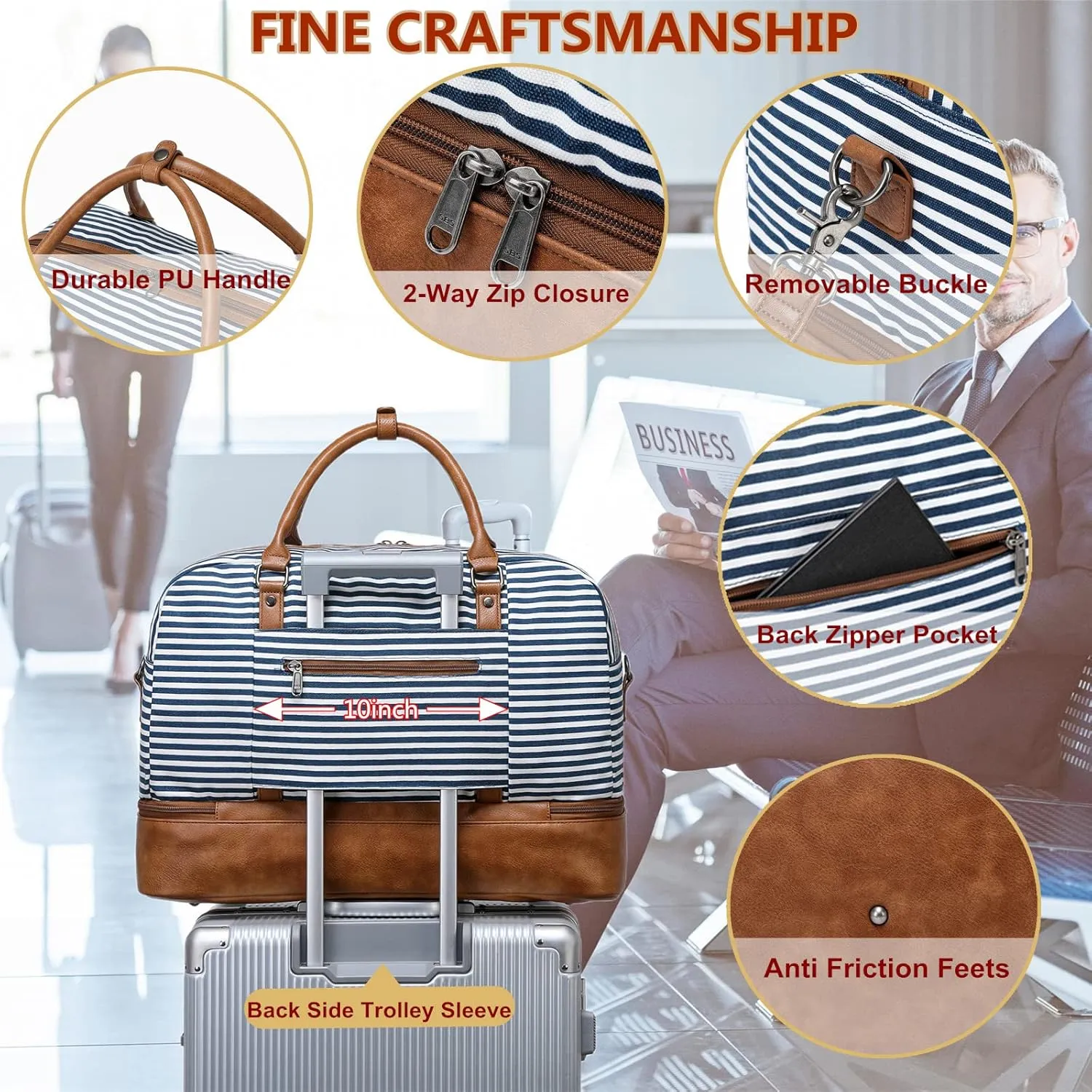 Wogarl Weekender Bags for Women Large Canvas Overnight Bag Travel Duffel Bags Carry on Shoulder Weekend Bag with Shoe Compartment for Travel Night Flight Daily Use, Blue White Stripe