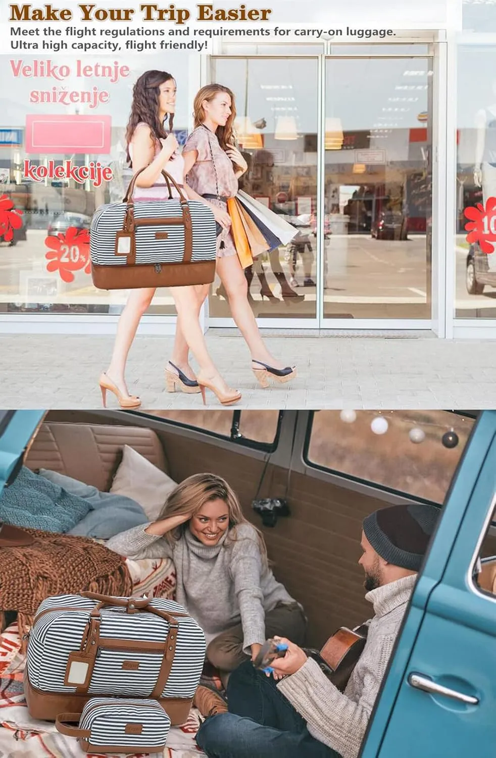 Wogarl Weekender Bags for Women Large Canvas Overnight Bag Travel Duffel Bags Carry on Shoulder Weekend Bag with Shoe Compartment for Travel Night Flight Daily Use, Blue White Stripe
