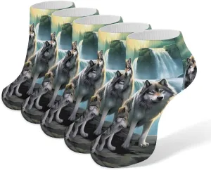 Wolf Sunrise Waterfall 5 Pairs Low Cut Ankle Socks for Men Women Athletic Running Socks No Show Breathable
