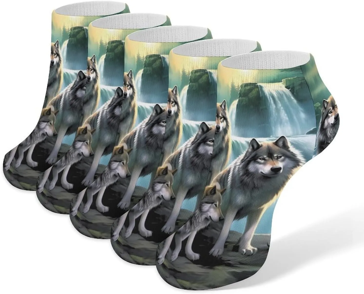 Wolf Sunrise Waterfall 5 Pairs Low Cut Ankle Socks for Men Women Athletic Running Socks No Show Breathable