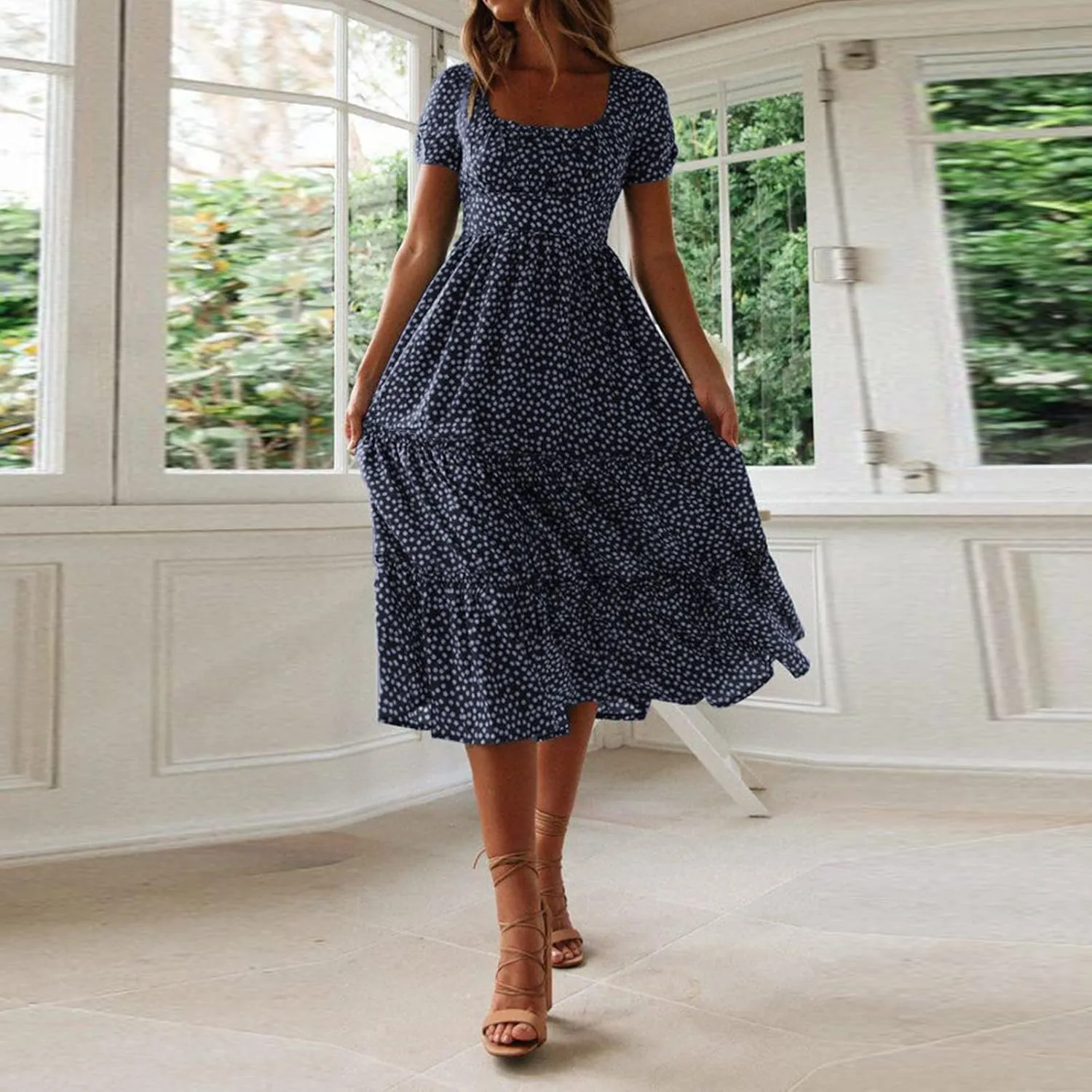 Women Boho Maxi Dress Crew-Neck Short Sleeve Empire Waist Summer Dress Smocked Floral Flowy Tiered Long Dress