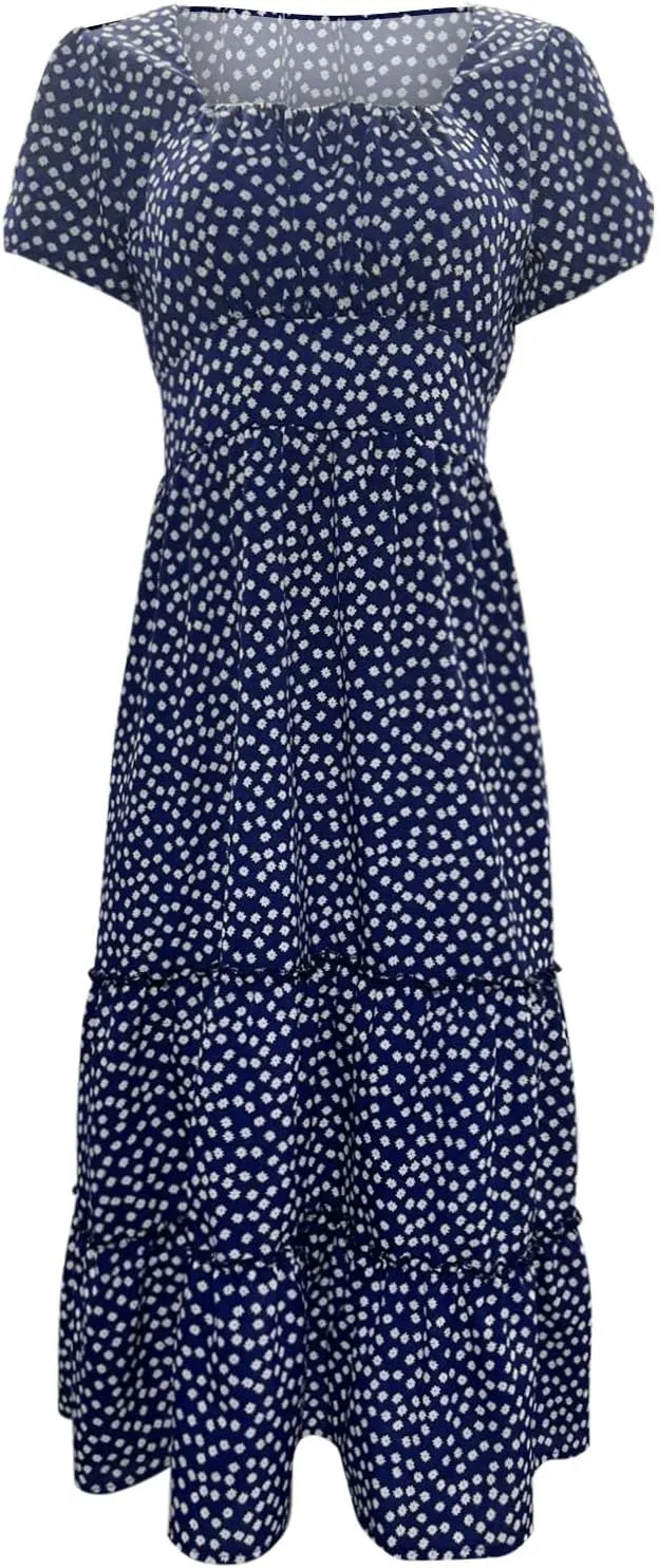 Women Boho Maxi Dress Crew-Neck Short Sleeve Empire Waist Summer Dress Smocked Floral Flowy Tiered Long Dress