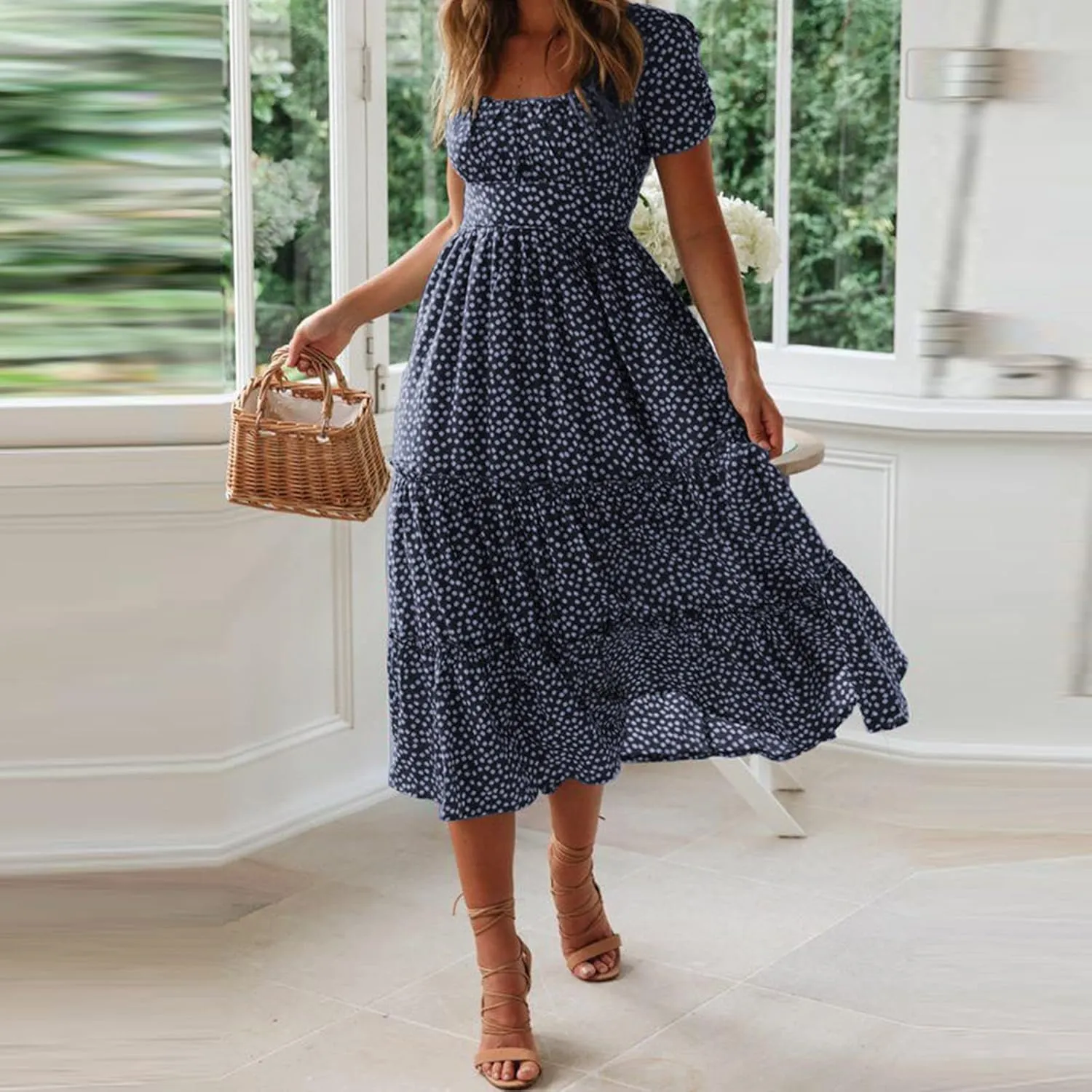 Women Boho Maxi Dress Crew-Neck Short Sleeve Empire Waist Summer Dress Smocked Floral Flowy Tiered Long Dress