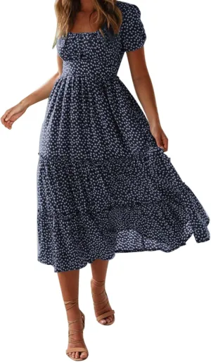 Women Boho Maxi Dress Crew-Neck Short Sleeve Empire Waist Summer Dress Smocked Floral Flowy Tiered Long Dress