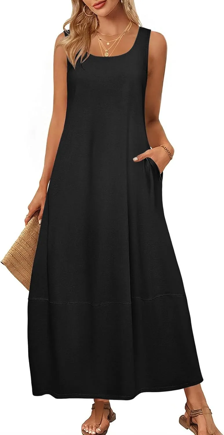 Women Casual Maxi Sundress 2025 Summer Sleeveless Beach Dress Crewneck Loose Ruffle Hem Flowy Tank Dresses with Pockets